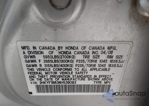 2006 Honda Pilot Ex-L z USA, uszkodzony, nr VIN 2HKYF18636H539093
